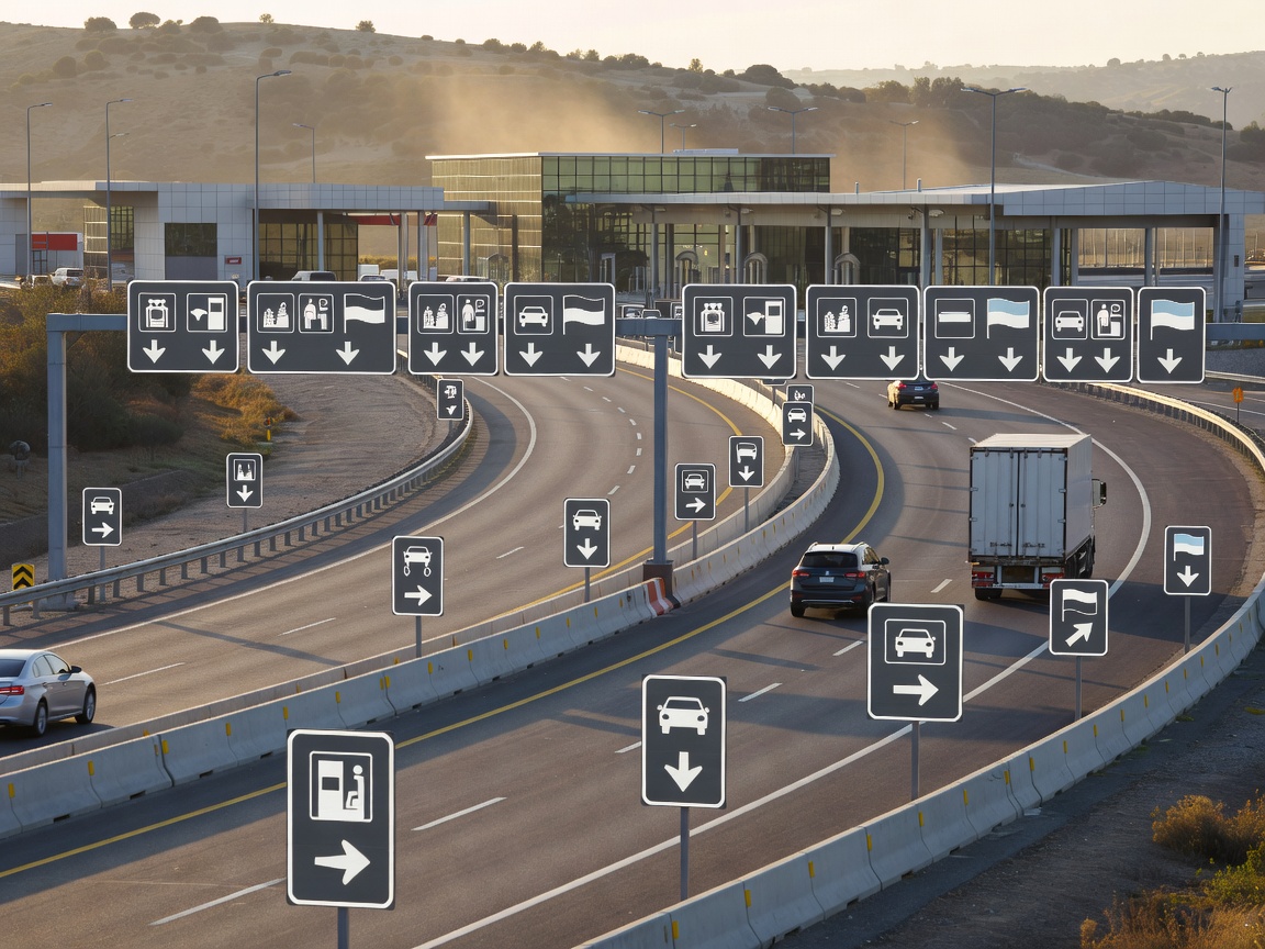 A highway border crossing point demonstrating harmonized infrastructure signs
