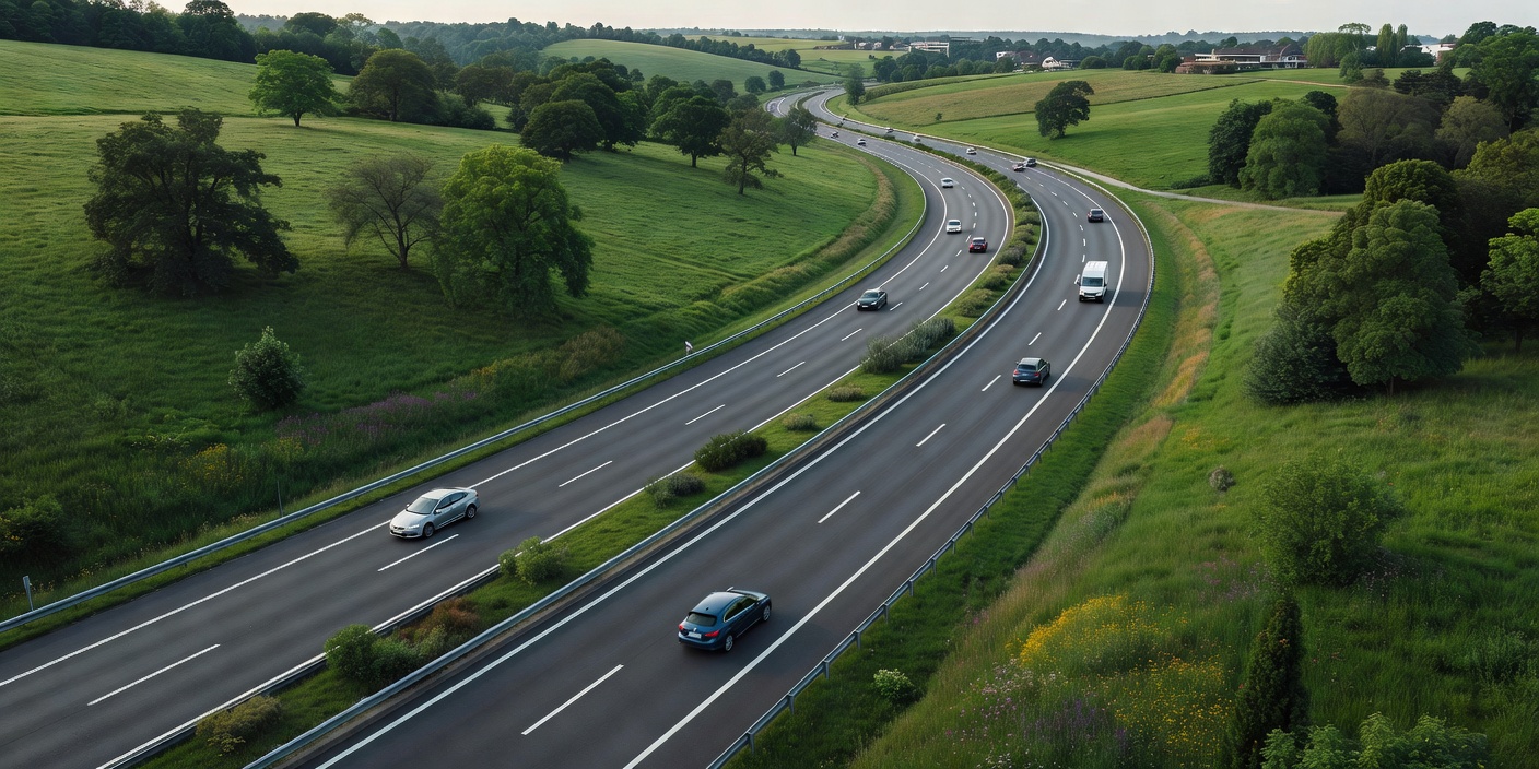 A sweeping curve of a modern European multi-lane highway surrounded by green landscapes