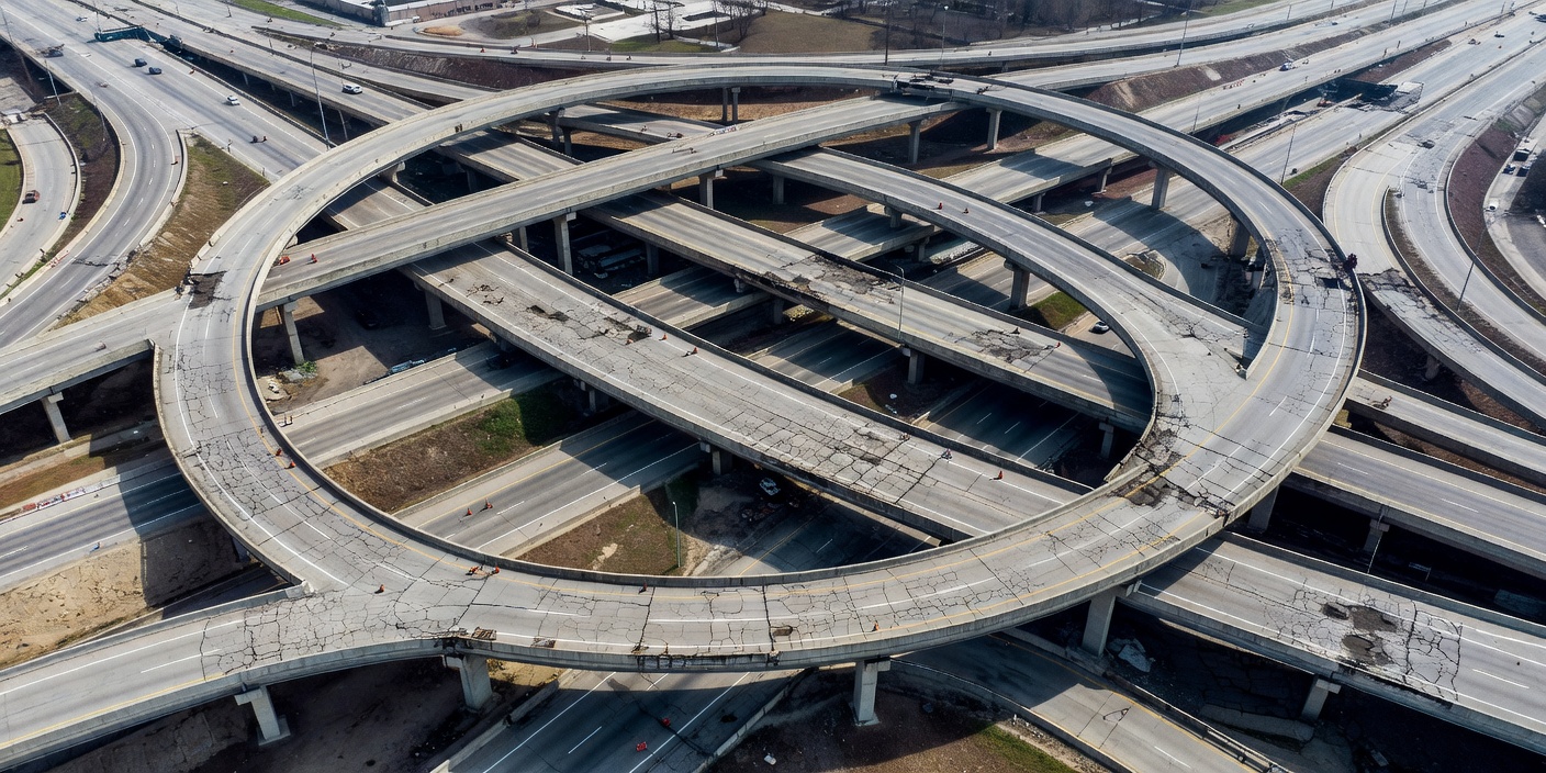 Aerial view of a complex highway interchange highlighting the need for strategic maintenance planning