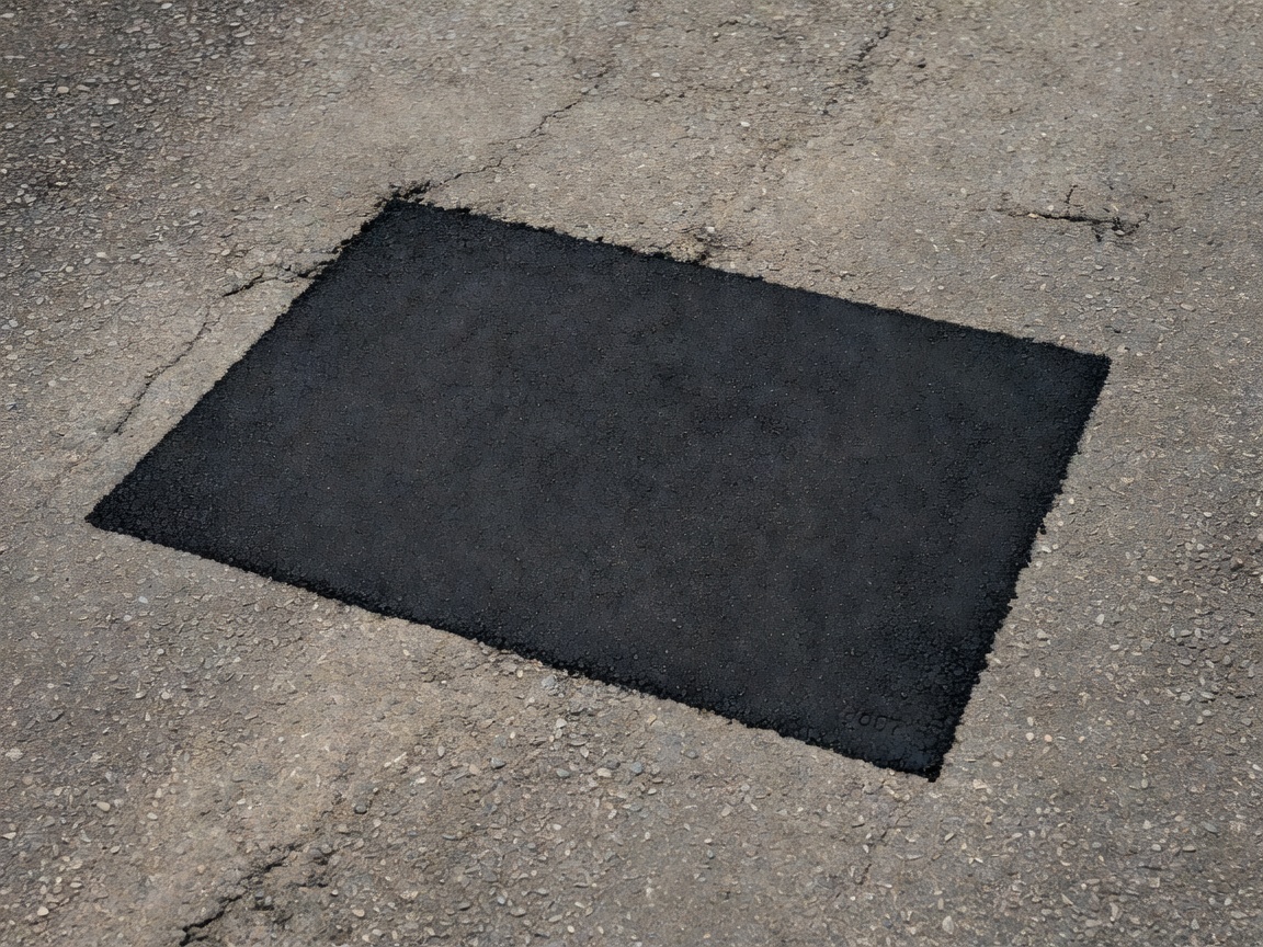 Asphalt texture showing a neatly planned rectangular patch repair