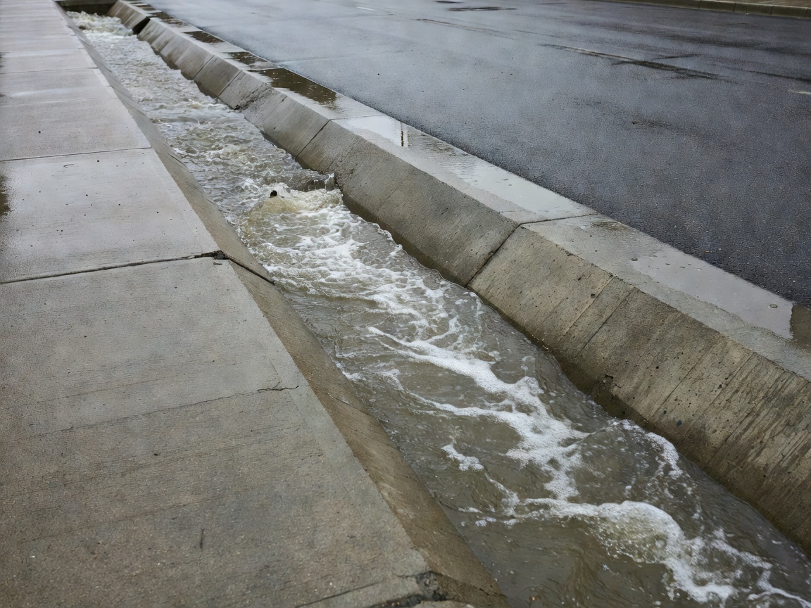 Concrete drainage channel alongside a modern road capturing runoff water