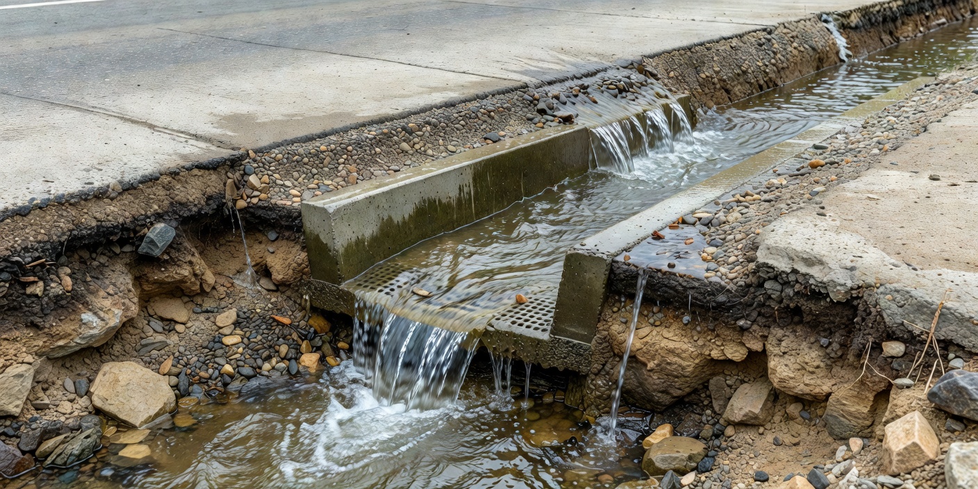 Cross section style view of a concrete road edge drain capturing water flow