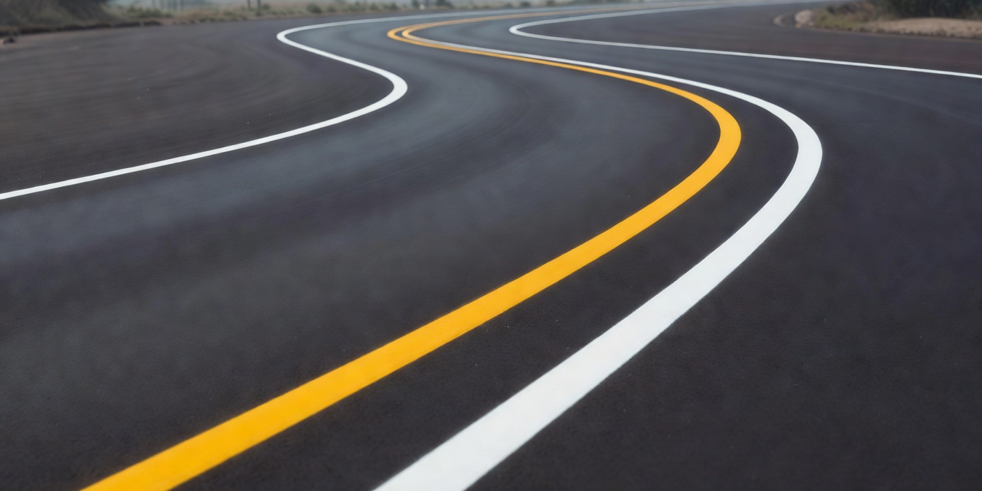 Freshly painted yellow and white road lines curving into the distance on a smooth asphalt surface