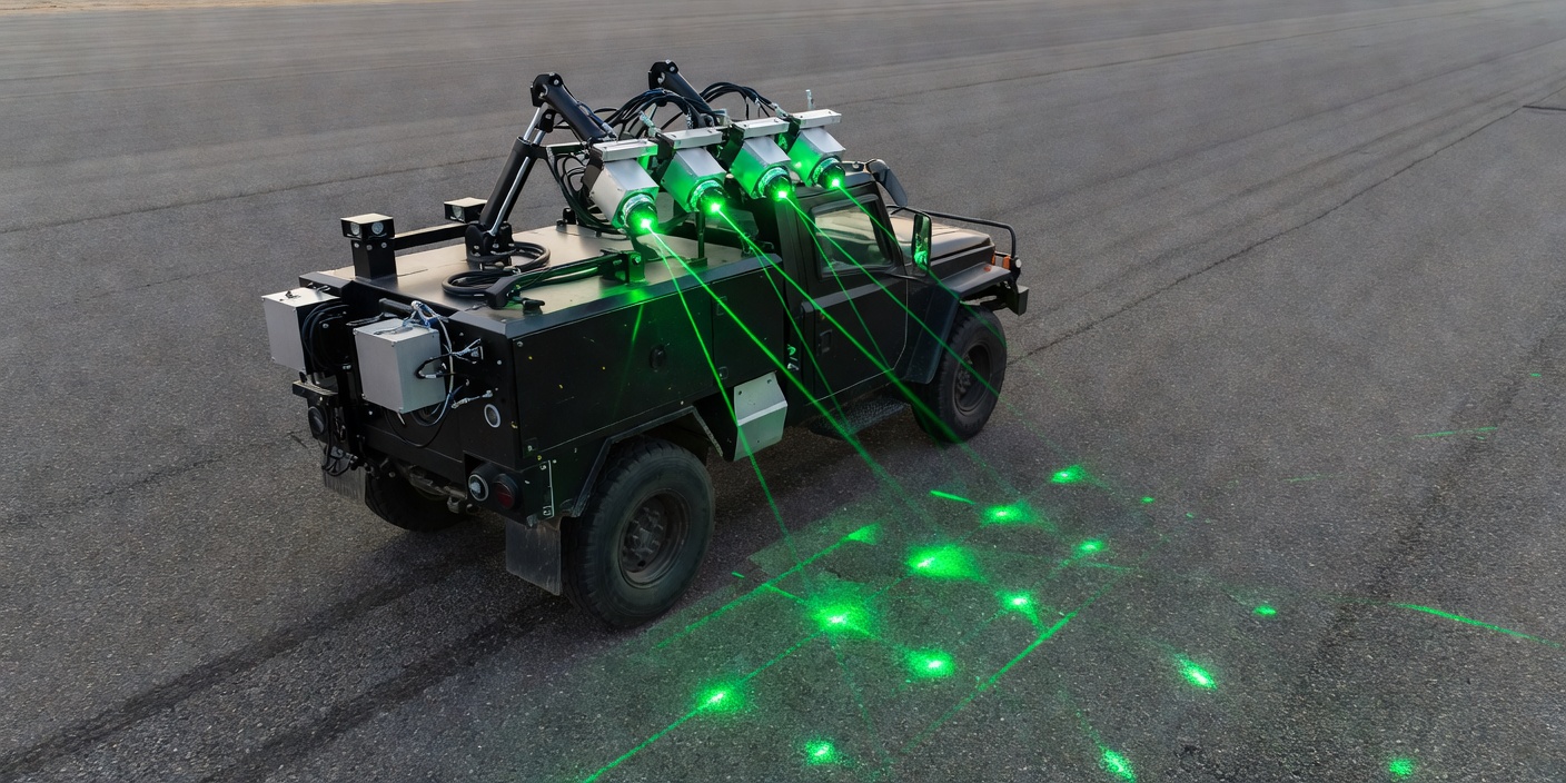 Technical laser array mounted to a survey vehicle mapping the asphalt surface