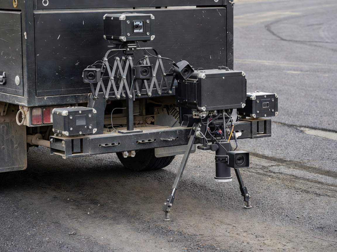 Technical monitoring equipment mounted on the rear of a survey vehicle inspecting asphalt